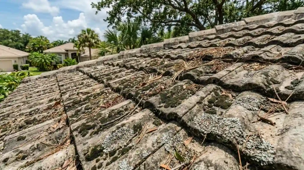 A close-up view of weathered concrete roof tiles in Fort Lauderdale, Florida, covered in heavy black algae, mold, lichen growth, and accumulated palm frond debris, illustrating rapid biological degradation in a humid coastal environment.