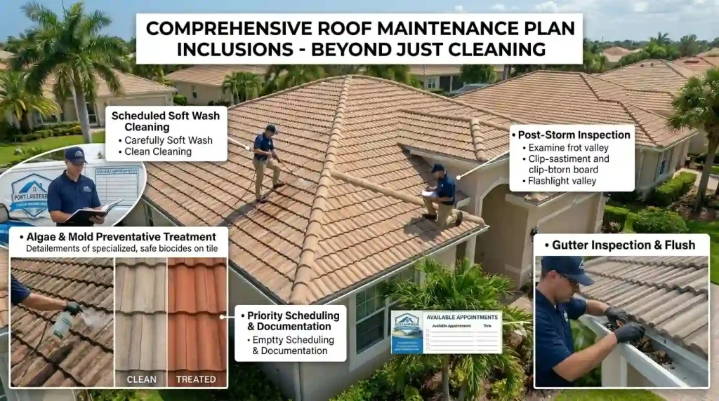 An infographic detailing the components of a comprehensive roof maintenance plan for a Fort Lauderdale home, including scheduled soft washing, post-storm inspections, preventative biocide treatments, and gutter flushes.