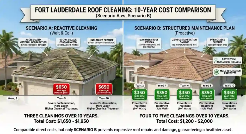 Infographic comparing the 10-year cost of reactive roof cleaning (Scenario A) versus a structured roof maintenance plan (Scenario B) for a Fort Lauderdale home, showing timeline expenses, biological decay points, and long-term asset savings.