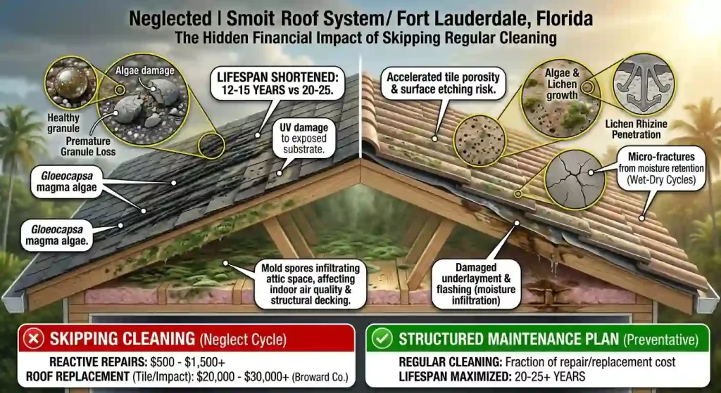 An architectural cross-section infographic of a home in Fort Lauderdale illustrating the structural damage caused by skipping regular roof cleaning, including Gloeocapsa magma algae feeding on shingles, tile micro-fractures from lichen rhizine penetration, and mold spores infiltrating the attic space.